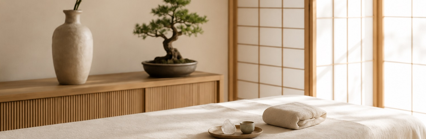 Calm Reiki healing room with massage table and peaceful Japanese-inspired décor